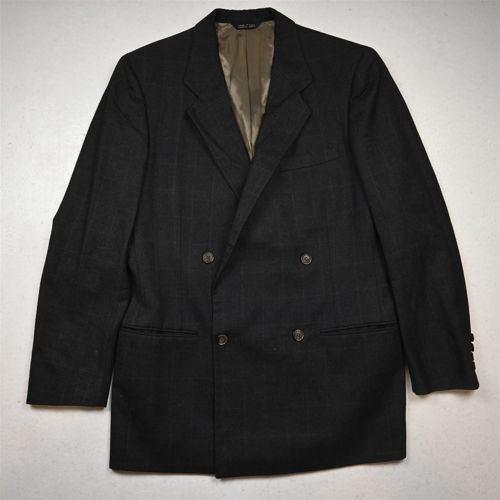 Vtg USA Made Double Breasted 38S Brown Windowpane Flannel Wool Blazer Jacket
